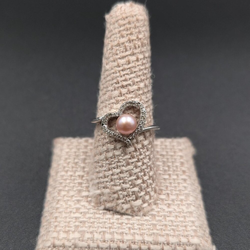 Size 9 Sterling Silver Cream Pearl Cubic Zirconia Heart Ring A6677
